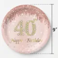 Assiette en papier 23 cm or rose 40ème anniversaire avec paillettes - Assiette 40ème Anniversaire / 9 Inch (16 Pieces/Pack)