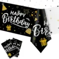 Premium Schwarz und Gold Happy Birthday Tischläufer und dekorative Servietten Set - Alles Gute zum Geburtstag Stil / 137x274cm