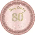 Assiette en papier jetable or rose pour 80e anniversaire avec paillettes et diamants - Assiette 80ème Anniversaire / 7 Pouces (16 Pièces/Paquet)