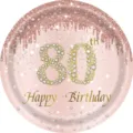 Assiette en papier jetable pour 80ème anniversaire or rose avec paillettes - Assiette 80ème Anniversaire / 9 Inch (16 Pieces/Pack)