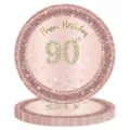 Assiettes en papier jetables pailletées or rose pour fête du 90ème anniversaire - Assiette 90ème Anniversaire / 7 Pouces (16 Pièces/Paquet)