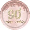 Assiette en papier jetable élégante or rose 90 ans avec motif diamant pailleté - Assiette 90ème Anniversaire / 9 Inch (16 Pieces/Pack)