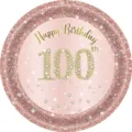 Assiette jetable en or rose pour 100e anniversaire avec paillettes et diamants - Assiette 100ème Anniversaire / 7 Pouces (20 Pièces/Paquet)