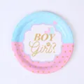 Détail d'une assiette en papier rose et bleue pour fête de révélation du genre - Assiettes Bébé 9 pouces / Lot de 16