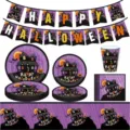 Ensemble complet de vaisselle de fête d'Halloween avec motif de maison hantée pour fête. - Ensemble de 9 Pièces