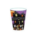 Détail d'un gobelet en papier d'Halloween avec maison hantée et imprimé Happy Halloween - Gobelets en Papier (Lot de 10)