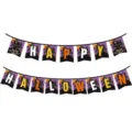 Vue détaillée de la bannière Happy Halloween avec des maisons hantées pour décoration - Bannière d'Halloween