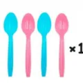 Set mit vier blauen und rosa Einweglöffeln für die Gender Reveal Babyparty Dekoration - Tafellöffel / 16er Pack