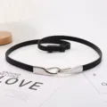 Minimalist black slim leather belt for women with elegant silver interlocking buckle - Black