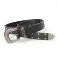 Retro black leather belt for women with silver studs and engraved western buckle detail. - Retro Rivet Style / Black