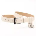 Elegant cream leather belt with decorative metal rings and contrast stitching - White
