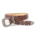 Retro brown leather belt featuring silver studs and a classic ornate engraved buckle - Retro Rivet Style / Coffee