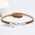 Elegant slim brown leather belt for women with silver interlocking buckle for dresses - Camel