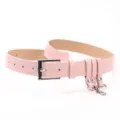 Women's light pink leather belt with silver multi-ring charms and contrast stitching - Pink