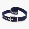 Navy blue nylon web belt featuring silver star studs and metal grommets for jeans - Navy Blue