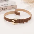 French retro style brown faux leather belt featuring a sleek gold horse-bit buckle - Camel