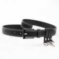 Fashionable black women's belt with white stitching and multi-ring metal buckle clips. - Black