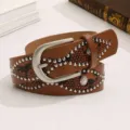 Vintage brown faux leather belt with silver studs and snake pattern for Y2K style - Camel