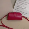 Primer plano de un bolso de médico retro fucsia con un cierre de metal dorado - Rojo