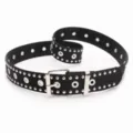 Black punk style nylon webbing belt featuring double row silver studs and grommets detail - Black
