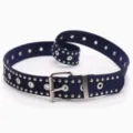 Navy blue punk style woven belt with double-row silver metal studs and grommets - Navy Blue