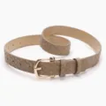 Elegant beige woven texture women's belt featuring a polished gold horseshoe buckle - Khaki