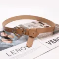 Stylish brown leather belt with unique heart-shaped silver chain buckle for women - Khaki