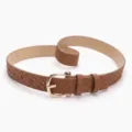 Stylish brown woven leather belt for women with elegant golden horseshoe buckle accessory - Camel