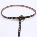 Vintage style dark brown faux leather belt featuring full silver eyelets and buckle - Coffee