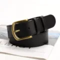 Classic black faux leather belt with vintage style brass metal buckle for women - Black