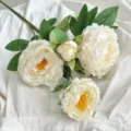 Elegant 4-head artificial peony silk flowers in creamy white for home and table decor - White