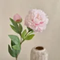 Realistic artificial pink peony flower branch with bloom and bud in a rustic ceramic vase - Floral Pink