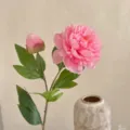 Elegant artificial pink peony stem with one blooming flower and one bud for home decor - Deep Pink
