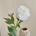 Lifelike artificial white peony flower branch with blooming head and bud for home decor - White