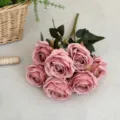 Elegant 7-head dusty pink faux rose bouquet with realistic oil painting style petals - Oil Painting Rose Bouquet / Dusty Pink