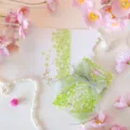 Detailed view of elegant green clover greeting card featuring a large translucent ribbon bow - Fresh Green Clover Style