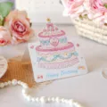 Cute 3D cake design Happy Birthday greeting card for kids invitations and celebrations - Pink Double Layer Cake (1) / 10 Pieces Pack