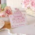 Cute pink birthday greeting card featuring a double-layer cake illustration and teddy bear mascot - Pink Bear Cake (4) / 10 Pieces Pack