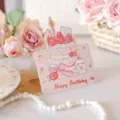 3D pop-up pink birthday greeting card featuring a cute cake and bear illustration design - Three Layer Bear Cake (6) / 10 Pieces Pack