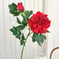 Lifelike red silk peony artificial flower branch with bloom and bud for home decor - Red