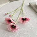 Flores de amapola artificiales rosas con cinco cabezas de flores y tallos verdes flocados - Rosa Claro