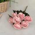 Elegant 7-head oil painting style pink artificial rose bouquet for home wedding decor. - Oil Painting Rose Bouquet / Pink