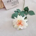 Single retro dahlia artificial flower with burnt edges and realistic green leaves decor - Single Branch Dahlia / Champagne