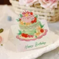Prachtige aquarel 3D-verjaardagstaart wenskaart met een Happy Birthday boodschap - Stijl 7 (00072)