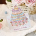 3D-verjaardagskaart met waterverf, een taart met meerdere lagen en Happy Birthday - Stijl 8 (00072)