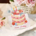 Aquarel 3D pop-up verjaardagstaart wenskaart met elegant Happy Birthday handschrift - Stijl 9 (00072)