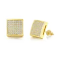 Macro detail of men's iced out square stud earrings with micro-pave zircon gold finish - Square (OHE047-2) / Gold