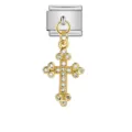 Detailed view of a vintage gold cross charm with crystals on a modular link - Cross Style Pendant (ICG332-2)