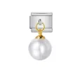 Detail view of a modular stainless steel charm featuring a round white pearl pendant. - White Round Pearl Pendant (ICG334-2)