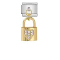 Close-up of gold heart lock charm with sparkling crystals for Italian modular bracelet link - Heart Lock Pendant (ICG400-2)